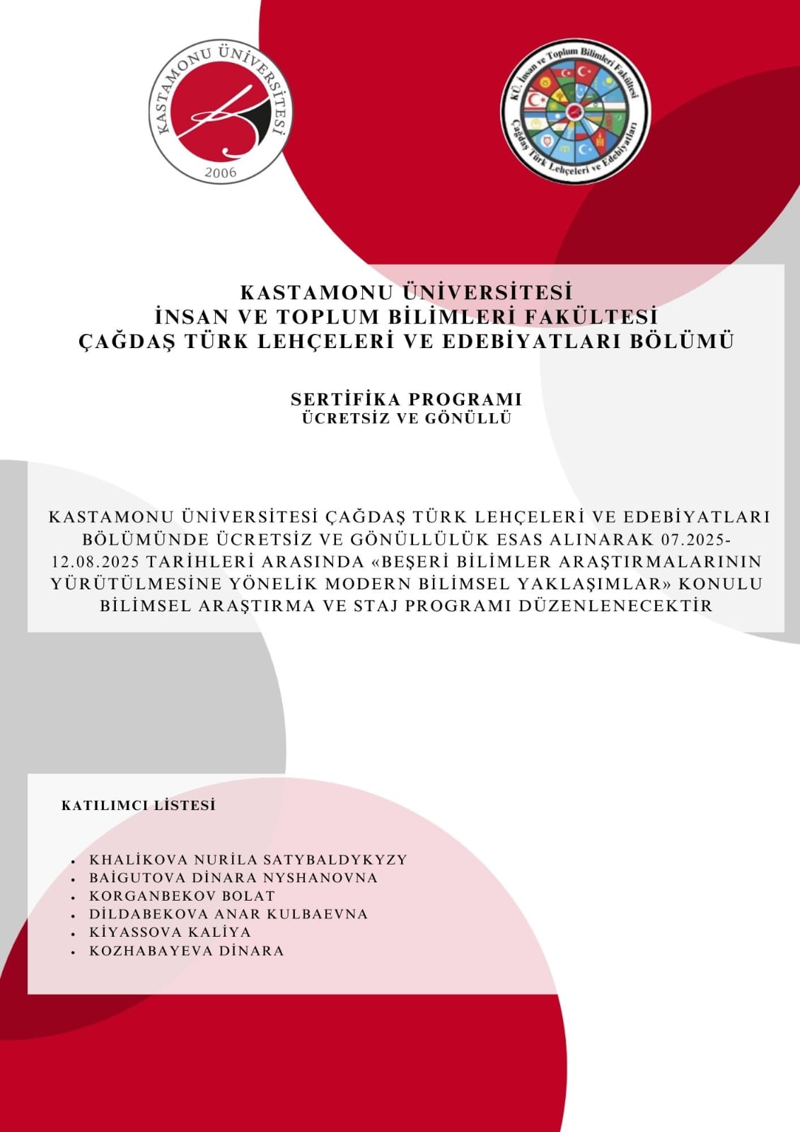 Kastamonu Üniversitesi Çağdaş Türk Lehçeleri ve Edebiyatları Bölümünde Uluslararası Katılımlı Bilimsel Araştırma ve Staj Programı Düzenlendi
